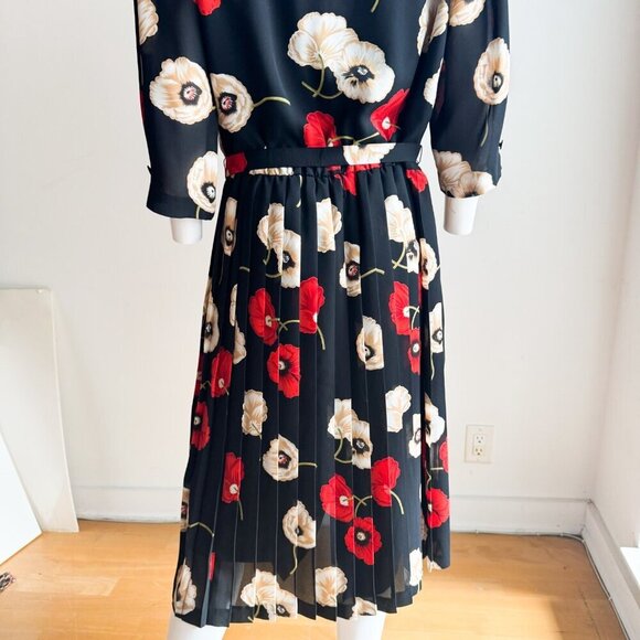 Vintage Allaird s Black Red Ivory Floral Belted Pleated Midi Dress M - Picture 9 of 11